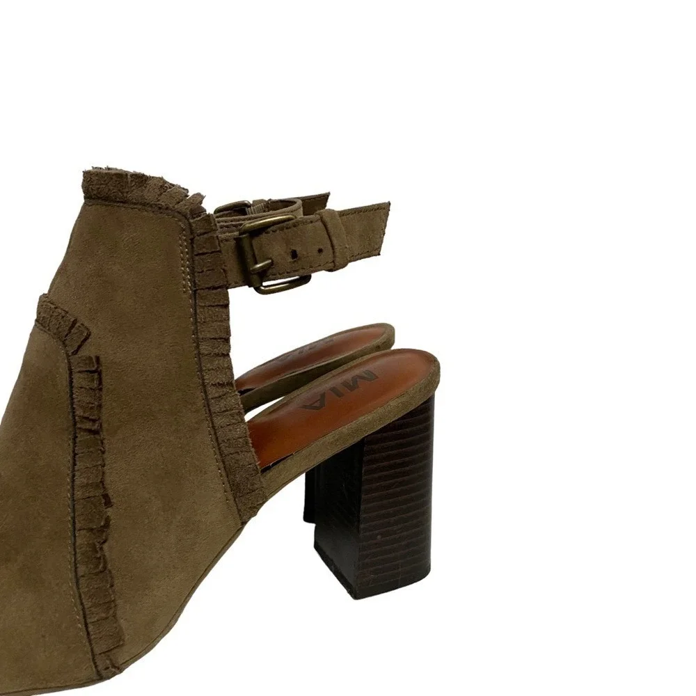MIA Patrice Summer Chic Fringe Open Toe Sling Back‎ Block Heel Booties Brown